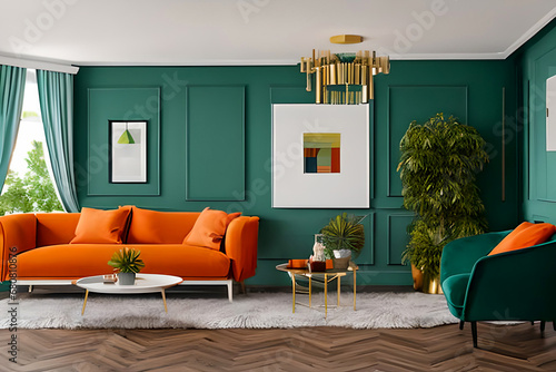 A modern living room with a sofa, table and artwork on the wall photo