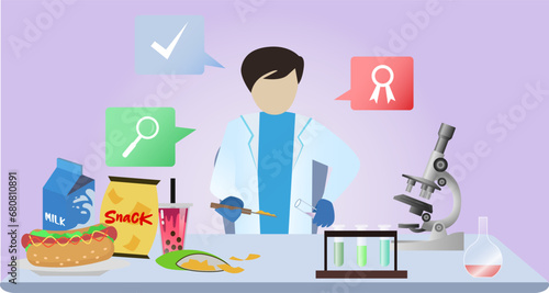 food tester checking food product vector illustration, food checker test nutrients in food