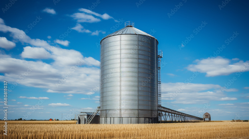 Grain silos in a wheat field with blue sky and clouds. Grain silos in a wheat field with blue sky and clouds.