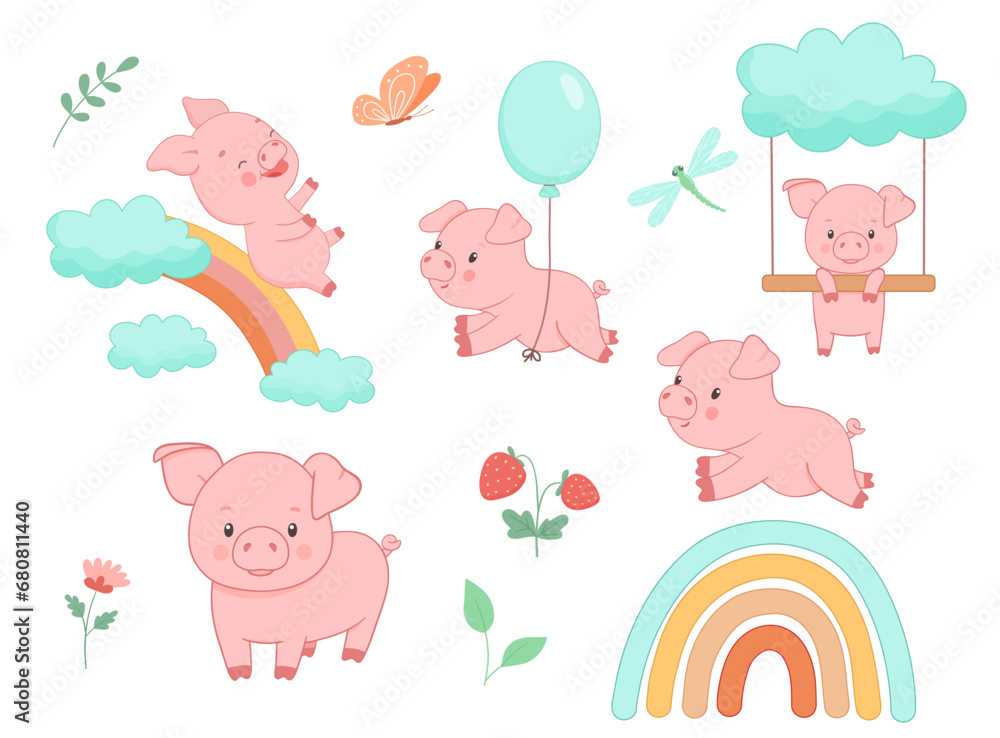 Cute piggy playing on rainbow, flying with balloon. Hand drawn vector illustrations set isolated on white background. Funny Farm animal for kids