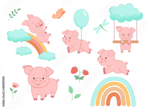 Cute piggy playing on rainbow  flying with balloon. Hand drawn vector illustrations set isolated on white background. Funny Farm animal for kids