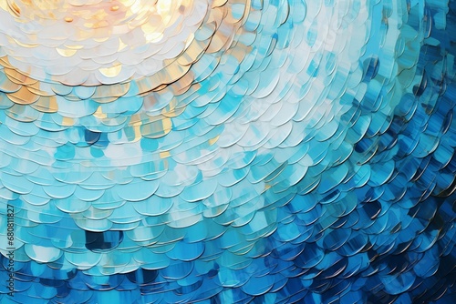 渦状の抽象背景油絵バナー）青と水色とメタリックな金色の立体的な魚の鱗風の柄 photo