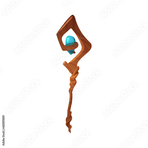 Fantasy asset wand or staff with magic crystal vector illustration isolated.
