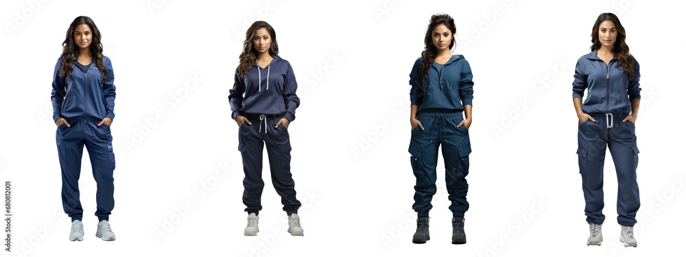 asian female doctor in navy blue sporty scrub suit with a lot of pockets, white sneakers, full body photo - obrazy, fototapety, plakaty 