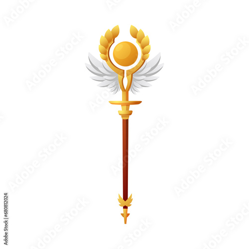 Magic staff decorated with golden wings and branches.