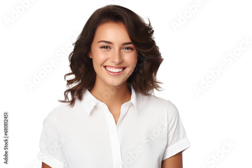 Close-up portrait of a beautiful woman with happy smile on her face, beautiful model posing in studio isolated on white background
