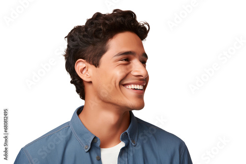 Close-up portrait of a handsome man with a happy smile looking to the left sideways in studio, isolated on white background