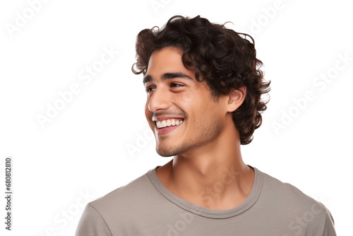 Close-up portrait of a handsome man with a happy smile looking to the left sideways in studio, isolated on transparent background