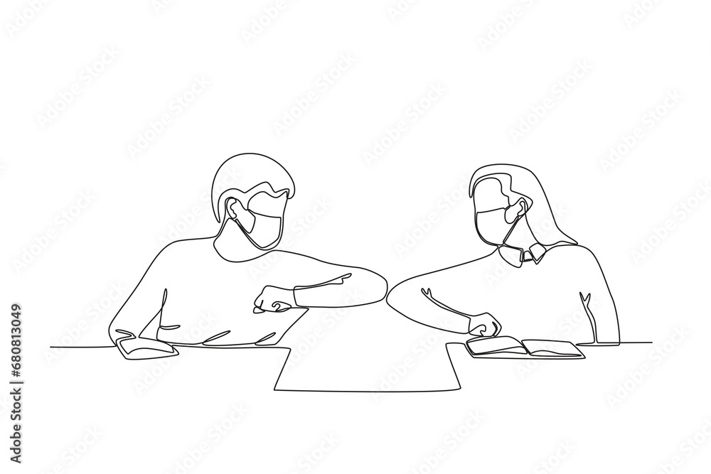One single line drawing a female and male students wearing masks shaking hands using elbows to prevent covid-19. Medical health care service excellence concept continuous line draw design vector
