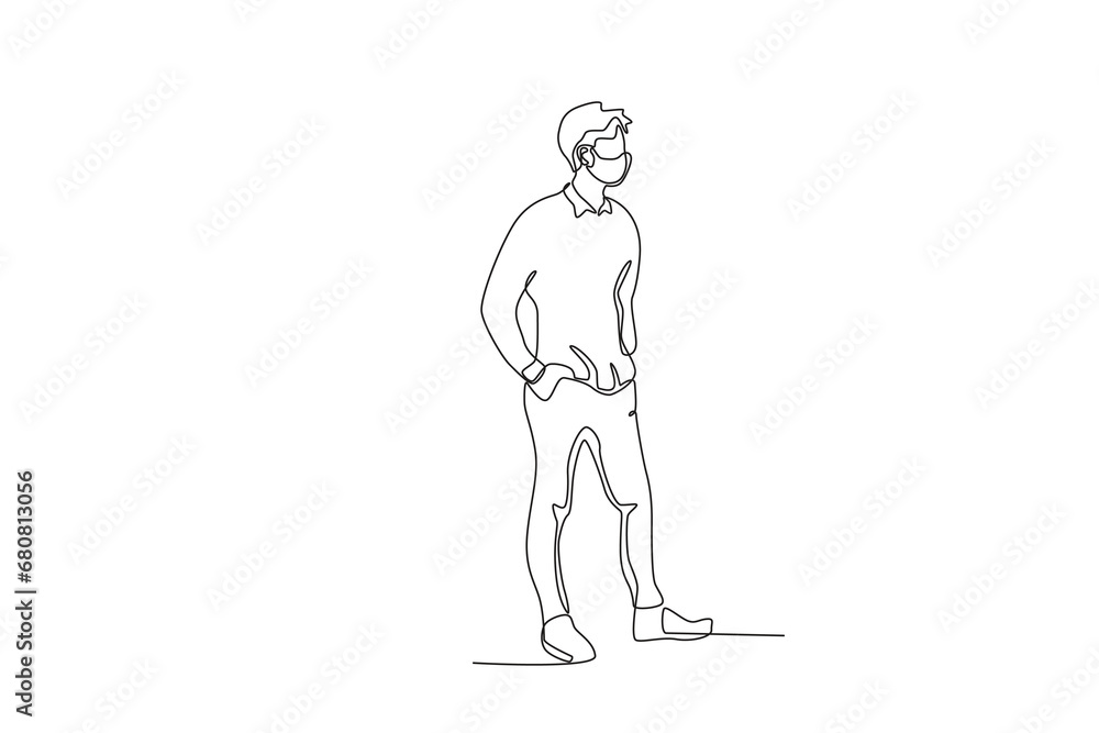 One single line drawing a male office worker wearing a mask is standing. Medical health care service excellence concept continuous line draw design vector illustration
