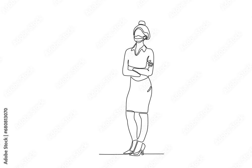 One single line drawing a female office worker wearing mask standing. Medical health care service excellence concept continuous line draw design vector illustration
