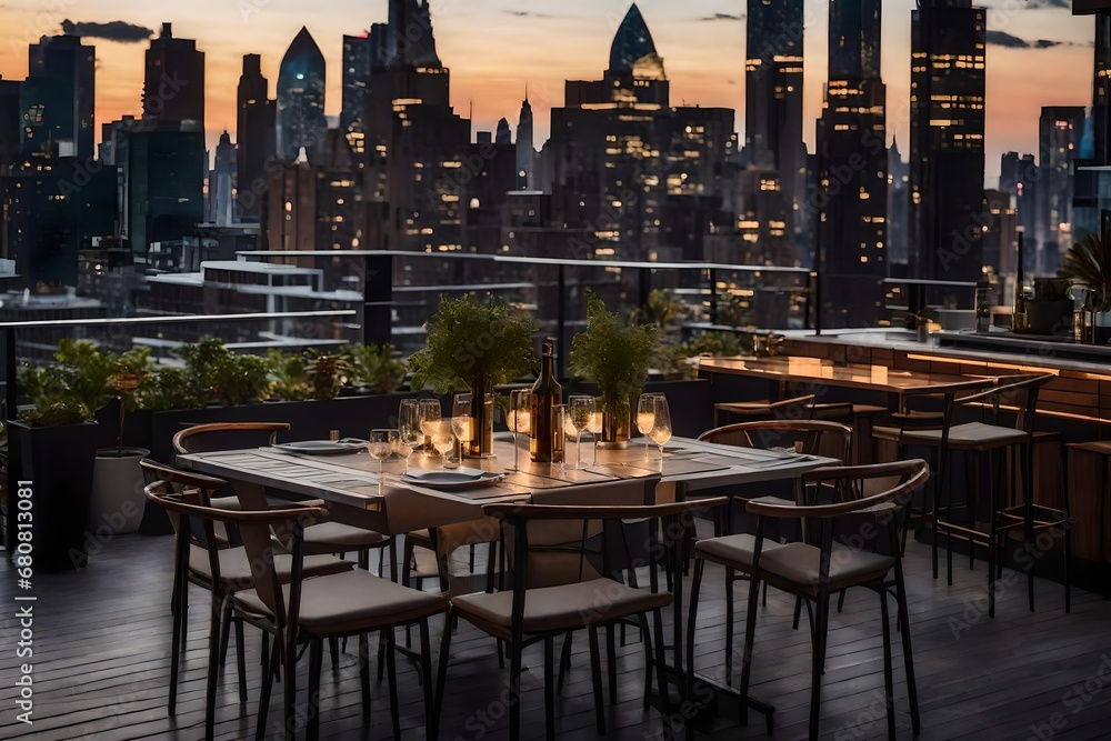 Restaurant Terrace Oasis with Tables and Chairs, Amidst the City Skyline