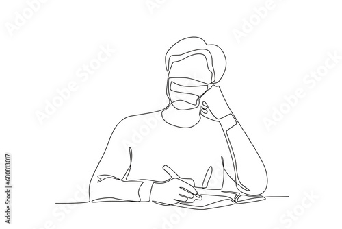 One single line drawing a male student wearing a mask is watching the teacher. Medical health care service excellence concept continuous line draw design vector illustration 
