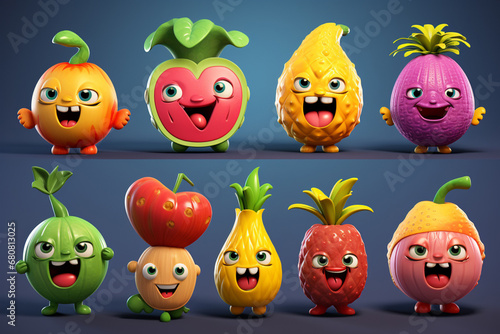 Vegetables and fruits in a new light as funny, stylized sketch cartoon characters. This playful collection of icons adds a dash of humor to your culinary palette. Generative AI.