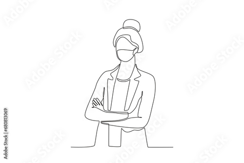 One single line drawing a female office worker wearing a mask. Medical health care service excellence concept continuous line draw design vector illustration 