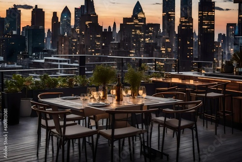 Restaurant Terrace Oasis with Tables and Chairs  Amidst the City Skyline