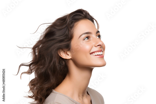 Portrait of a beautiful woman with a happy smile and looking up, isolated on a transparent background photo