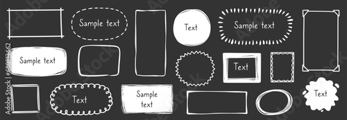 Hand drawn doodle frame on chalkboard background. Box, square, rectangle, circle shape brush pen line stroke scribble element. Hand drawn simple oval, square frame text border. Vector illustration