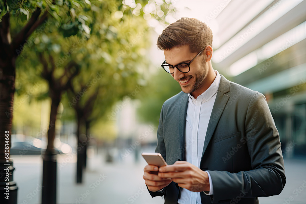 Smiling young man with smartphone standing on the street on summer Smiling young man with smartphone standing on the street on summer