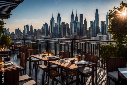 Restaurant Terrace with Tables and Chairs, Offering a Panoramic City View