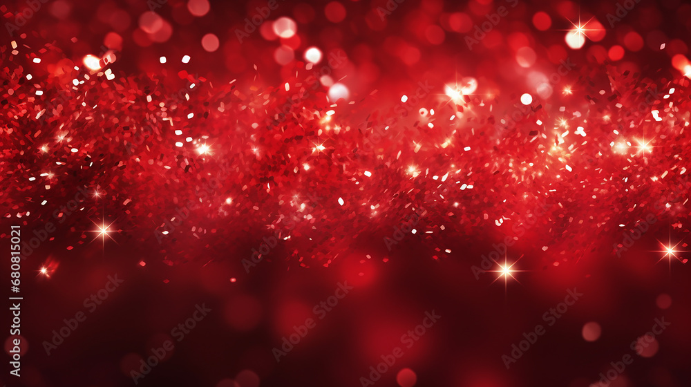 red Christmas glitter background with stars. festive glowing blurred texture