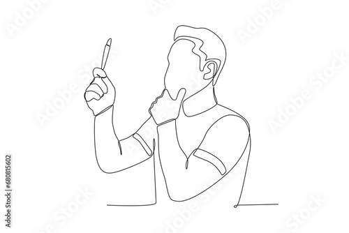 Single continuous line drawing healthcare a man is checking body temperature independently at home. Expectant lady have rest at home with glass. One line draw design graphic vector