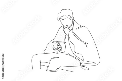 Single continuous line drawing healthcare a man is taking herbal medicine and covering himself with a blanket when he has a fever. Expectant lady have rest at home with glass. One line draw design