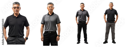 middle aged asia man, wearing a gray polo shirt, black pants,with smile, stood