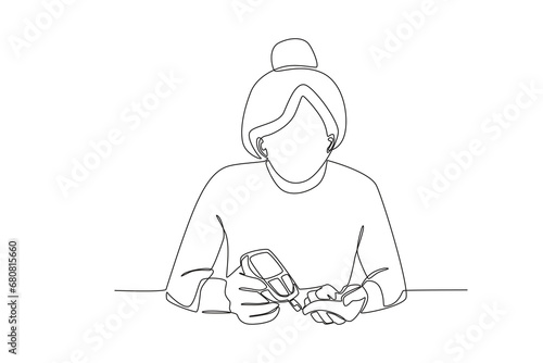 Single continuous line drawing healthcare a woman is checking sugar levels independently at home. Expectant lady have rest at home with glass. One line draw design graphic vector
