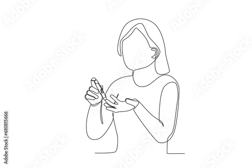 Single continuous line drawing healthcare a woman is checking sugar levels independently at home2. Expectant lady have rest at home with glass. One line draw design graphic vector
