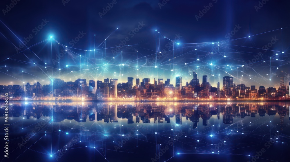 Obraz premium A smart city featuring abstract dot points connected by gradient lines and an intricate wave line design.