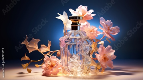 Transparent perfume bottle, flower, product photography photo