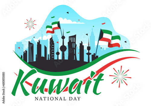 National Kuwait Day Vector Illustration on February 25th with Landmark, Waving Flag and Independence Celebration in Flat Cartoon Background