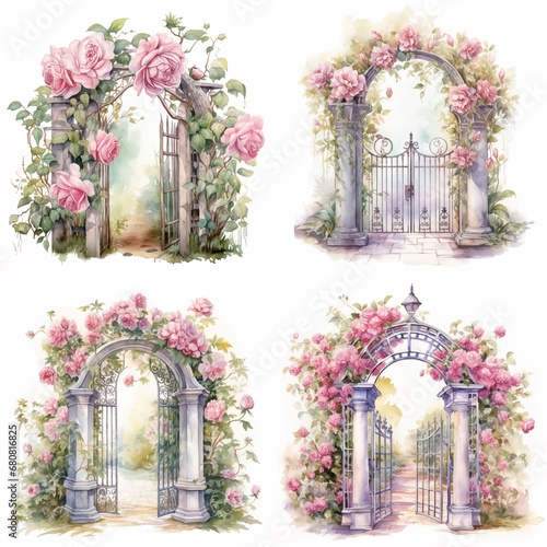 Watercolor garden gate with rose, clipart on white background