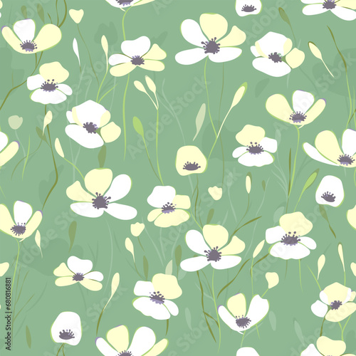 Delicate white poppy flowers on pastel green, seamless pattern, vector background
