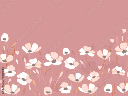 Delicate white poppy flowers on pastel pink, backdrop for your text, card template, vector