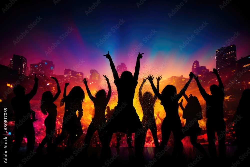 Silhouette Dance Party: Silhouettes of people dancing against a backdrop of colorful lights. Silhouette Dance Party: Silhouettes of people dancing against a backdrop of colorful lights.