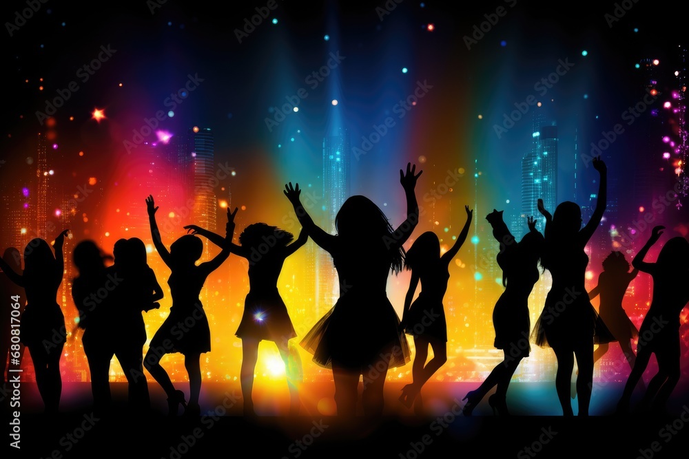 Silhouette Dance Party: Silhouettes of people dancing against a backdrop of colorful lights. Silhouette Dance Party: Silhouettes of people dancing against a backdrop of colorful lights.
