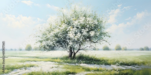 Obraz painting of a white tree in the field, generative AI