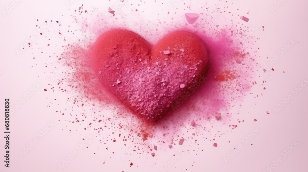 Valentine Day or March 8 holiday. heart made from red dust on a pink background