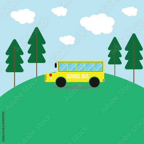 vector school bus on the road with sky and ground background.