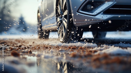 Snow flies from under the wheels of a car on a winter snowy icy road, concept of changing tires from summer to winter, tire fitting photo
