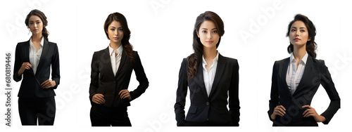 asia lady stand, drooping hands, black business suit, white shirt, slight smile