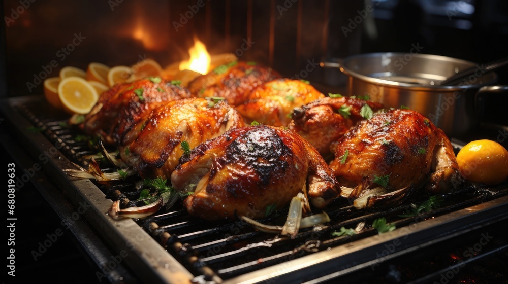 Delicious fried grilled chicken with a golden crust in the oven, home cooking Delicious fried grilled chicken with a golden crust in the oven, home cooking