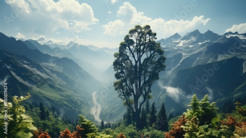 Big tree in the forest among trees and mountains in nature