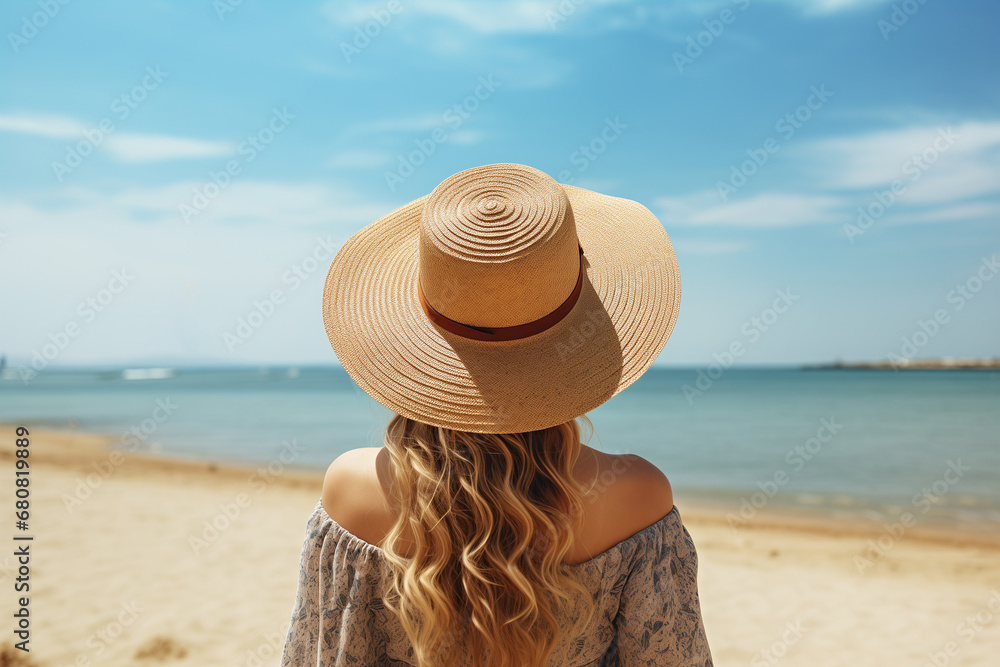 girl in a straw hat looking at the sea on a sunny day, rear view