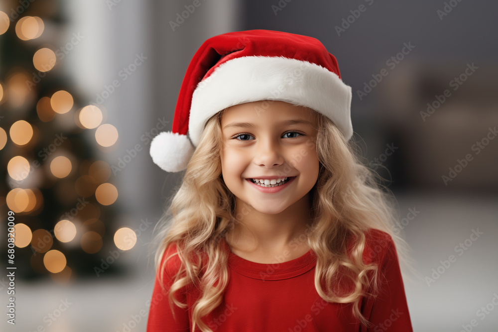 portrait of a cheerful blonde todler girl with a wide smile wearing a Santa Claus hat portrait of a cheerful blonde todler girl with a wide smile wearing a Santa Claus hat