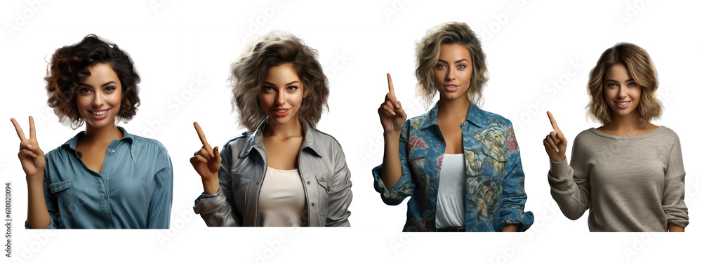 Obraz premium Front view of beautiful young woman smiling, pointing finger