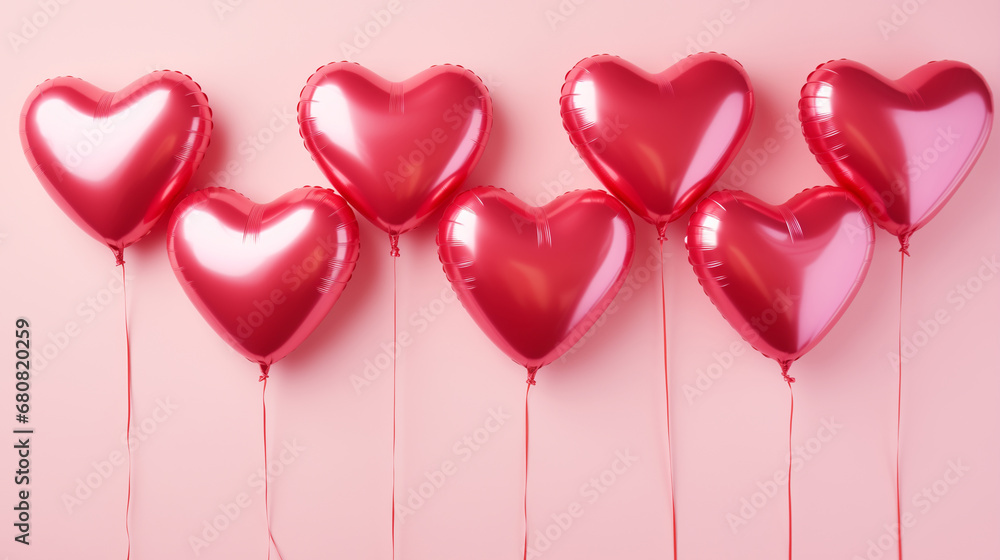 red foil balloons in the shape of a heart on a light pink background. Background for Valentine's Day
