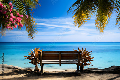 Wooden bench with flowers in the middle of two palm trees on the shore of a blue sea  generative ai